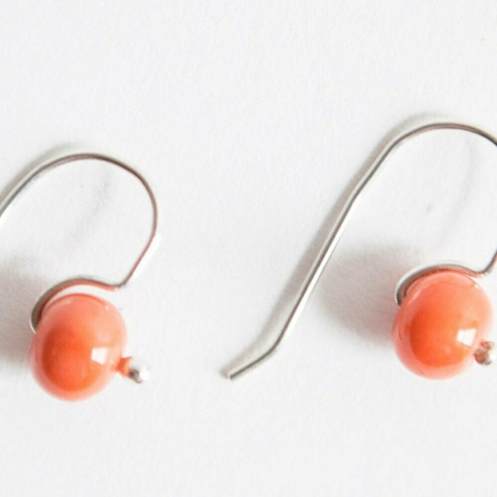 Hand Made Sterling Silver Red Coral Bead Earrings
